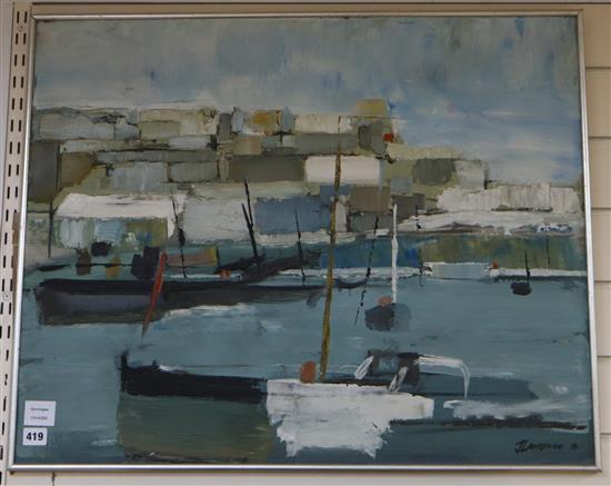 John Lawrence (b.1934), oil on board, Fishing boats in harbour, signed and dated 64, 60 x 75cm